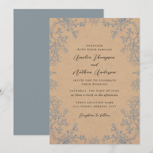 Convites Casamento de Flores de Renda Azul empoeirado Elega (Frente/Verso)