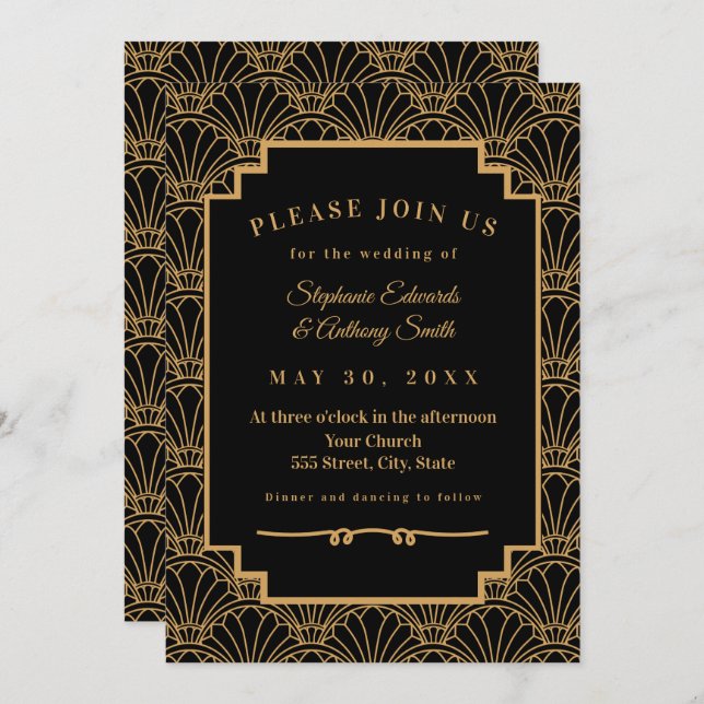 Convites Casamento de Flores de Ventiladores de Arte Negra  (Frente/Verso)