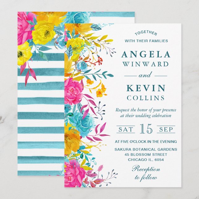 Convites Casamento de Flores de Verão com Aquarela Boho (Frente/Verso)