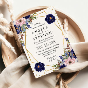Convites Casamento de Flores de Verão Creme e Azul Marinho 