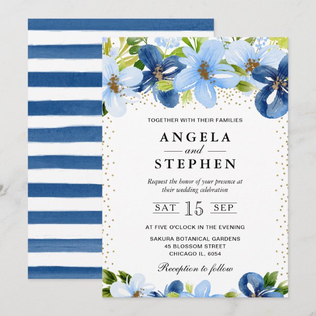 Convites Casamento de Flores de Verão em Aquarela Azul (Frente/Verso)