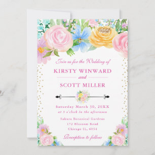 Convites Casamento de Flores de Verão Rosa e Amarelo