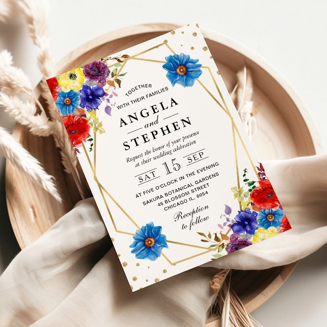 Convites Casamento de flores de verão vermelho, roxo e azul (Criador carregado)