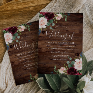Convites Casamento de Flores de Vinho Vermelho Rústico e B
