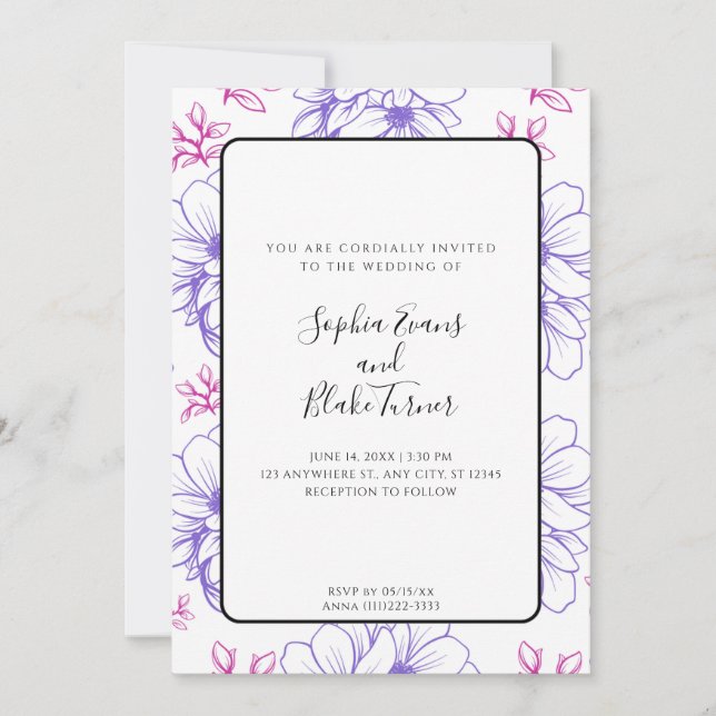 Convites Casamento de Flores Desenhadas Simples Rosa e Roxo (Frente)