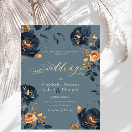 Convites Casamento de Flores Douradas Azul Marinho