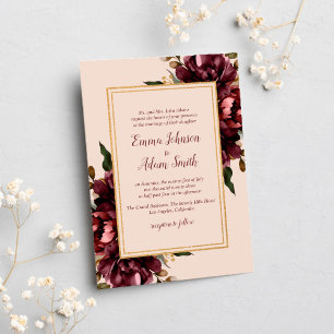 Convites Casamento de Flores Douradas Blush Burgundy