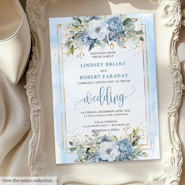 Convites Casamento de Flores Douradas Brancas Azuis do Past (Modern Pastel Blue White Gold Flowers Wedding Invitation )