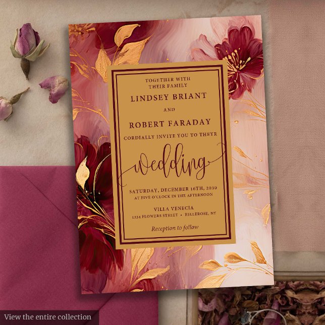 Convites Casamento de Flores Douradas Clássicas Lux Burgund (Classic Lux Burgundy Blush Gold Flowers Wedding Invitation)
