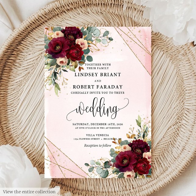 Convites Casamento de Flores Douradas Vermelhas  Escuras Ch (Chic Boho Dark Red Gold Blush Flowers Wedding Invitation)