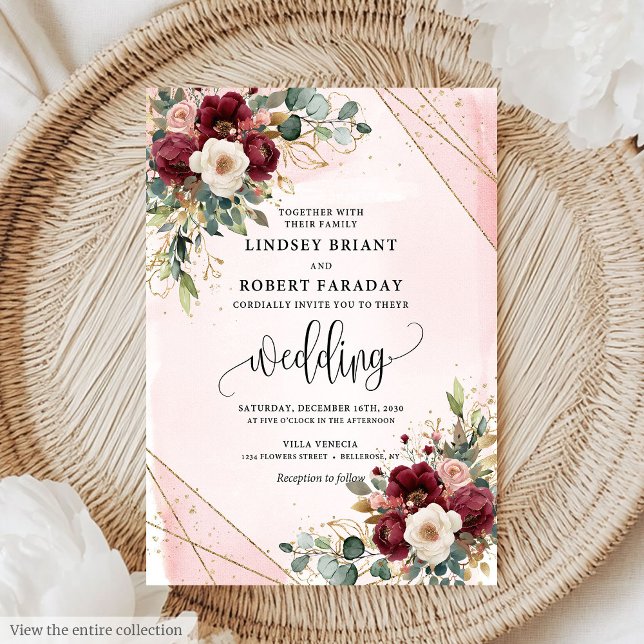 Convites Casamento de Flores Douradas Vermelhas  na moda Bo (Stylish Boho Deep Red Gold Blush Flowers Wedding Invitation)