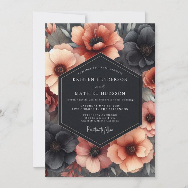 Convites Casamento de Flores Dramáticas de Carvão e Terraco (Frente)