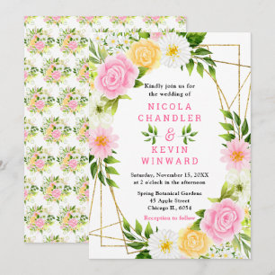 Convites Casamento de Flores e Folhagens Cor-de-Rosa e Amar