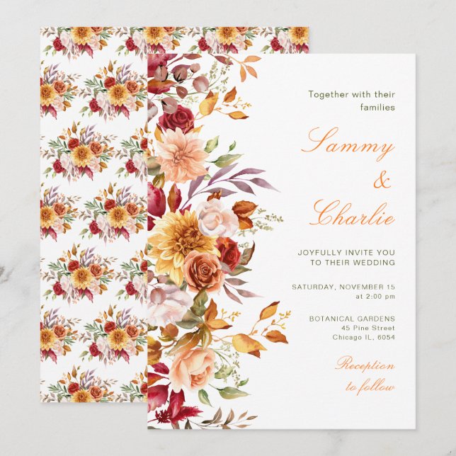 Convites Casamento de Flores e Folhagens do Outono (Frente/Verso)