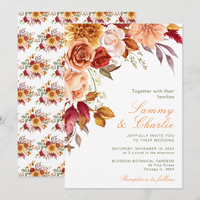 Convites Casamento de Flores e Folhagens do Outono (Frente/Verso)