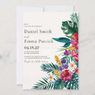 Convites Casamento de Flores e Folhagens Tropicais em Aquar