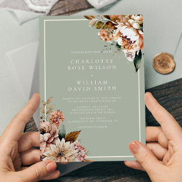 Convites Casamento de Flores Elegantes Douradas e Sage Gree