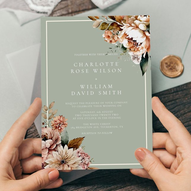 Convites Casamento de Flores Elegantes Douradas e Sage Gree (Criador carregado)