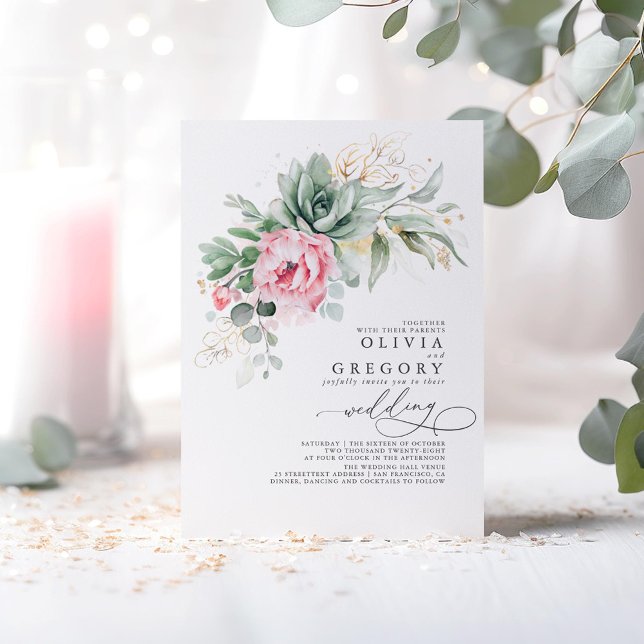 Convites Casamento de Flores Elegantes e Greenerescentes Ro (Pink Floral Succulents Greenery Wedding Invitations)