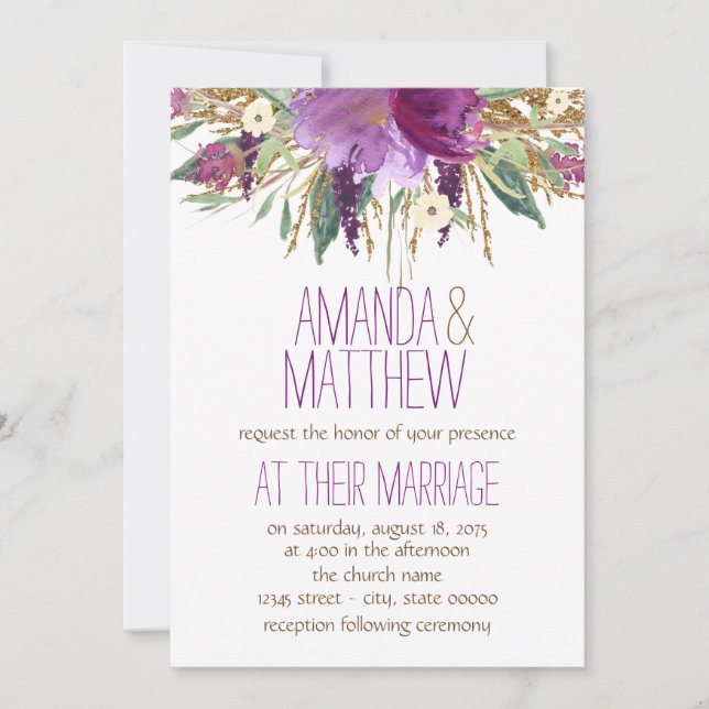 Convites Casamento de Flores em Aquarela (Frente)