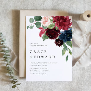 Convites Casamento de Flores em Aquarela Burgundy e Azul Ma
