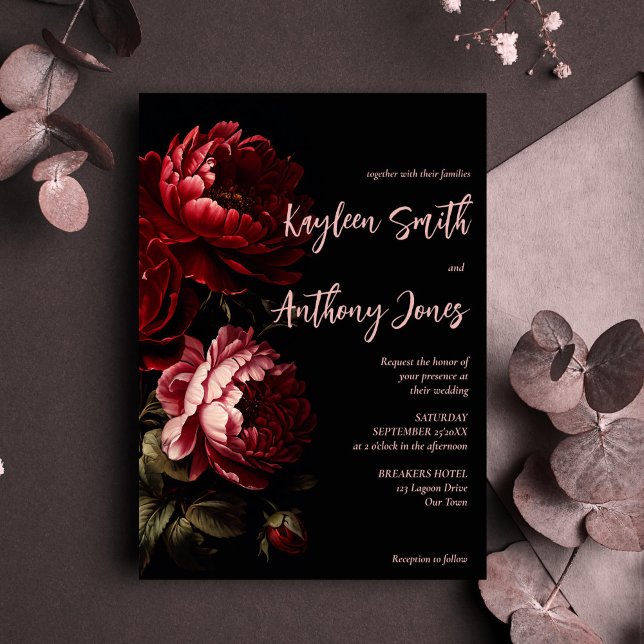 Convites Casamento de flores escuras e escuras (Moody dark vintage red peony roses flowers wedding invitation editable template instant download)