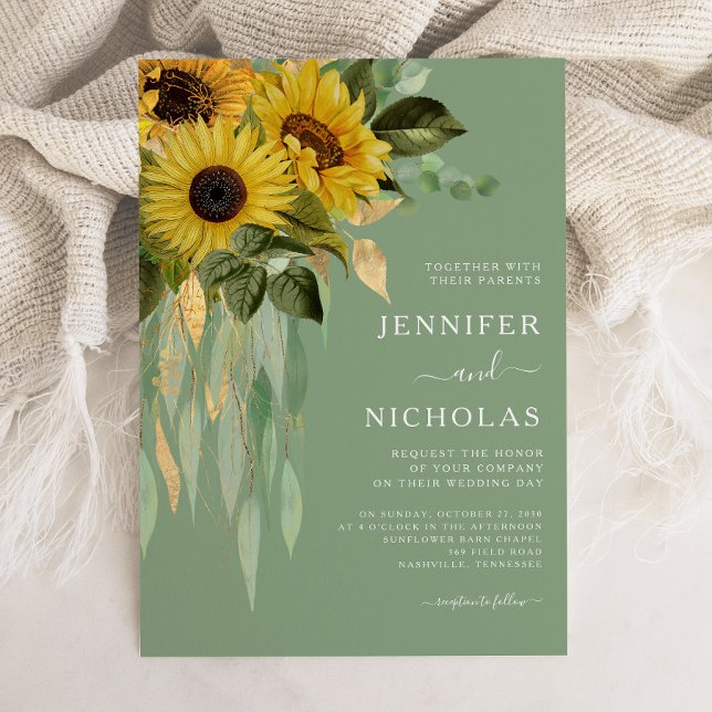 Convites Casamento de Flores Florais Solares Elegante Verde (Elegant Green Floral Sunflowers Wedding Invitation)