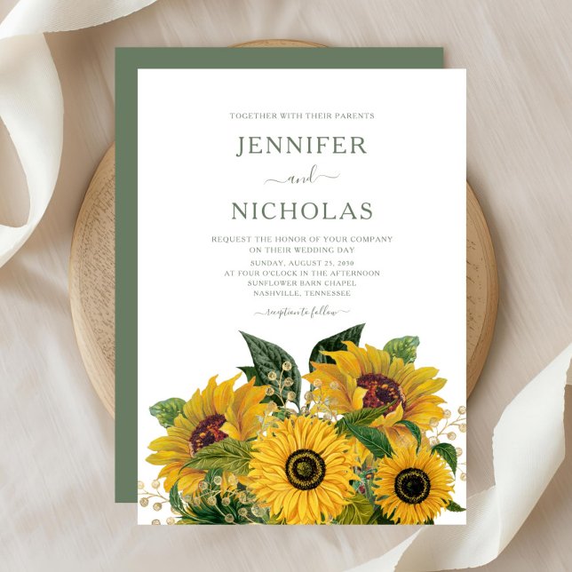 Convites Casamento de Flores Florais Solares Elegante Verde (Elegant Green Floral Sunflowers Wedding Invitation)