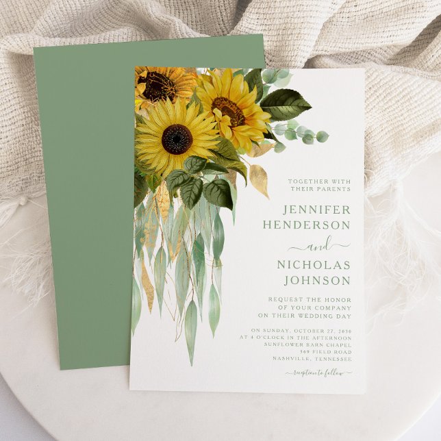 Convites Casamento de Flores Florais Solares Elegante Verde (Elegant Green Floral Sunflowers Wedding Invitation)