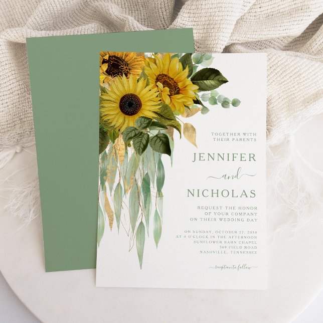 Convites Casamento de Flores Florais Solares Elegante Verde (Elegant Green Floral Sunflowers Wedding Invitation)