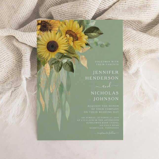 Convites Casamento de Flores Florais Solares Elegante Verde (Elegant Green Floral Sunflowers Wedding Invitation)