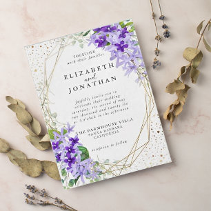 Convites Casamento de Flores Geométricas Douradas Roxas Ele