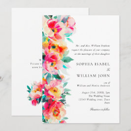 Convites Casamento de Flores Laranja Rosa Brilhante Aquarel