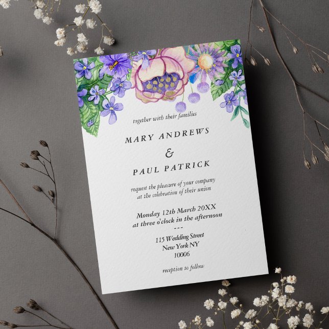 Convites Casamento de flores lavandas cor-de-rosa violeta (Violet pink lavender gold wildflowers Wedding )