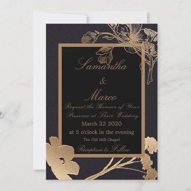 Convites Casamento de Flores Metálicas Modernas e Elegantes (Frente)