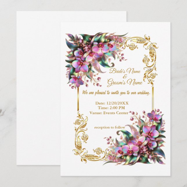 Convites Casamento de Flores Orquídeas Elegantes e Vibrante (Frente/Verso)