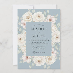 Convites Casamento de Flores Painterly Azul Empoeirado