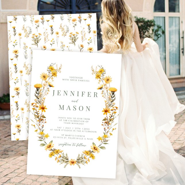 Convites Casamento de flores pequenas amarelas flores silve (Criador carregado)