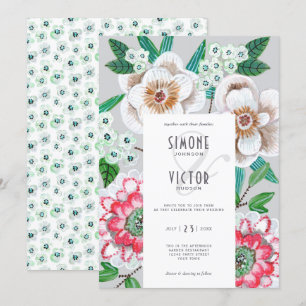 Convites Casamento de flores pintadas modernas cinza rosa f