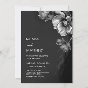 Convites Casamento de Flores Prateadas Pretas e Brancas 