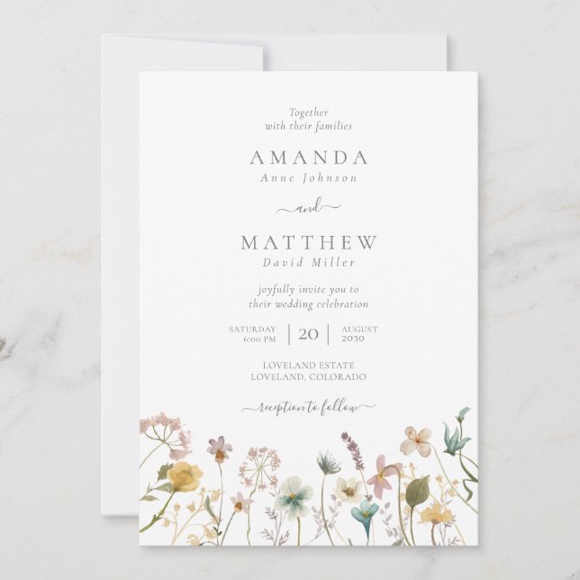 Convites Casamento de Flores Prensadas em Aquarela Elegante (Frente)