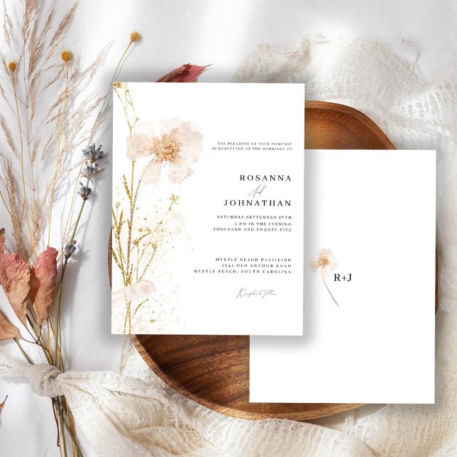 Convites Casamento de Flores Prensadas Românticas Douradas  (Criador carregado)