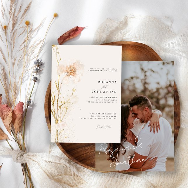Convites Casamento de Flores Prensadas Românticas Douradas  (Criador carregado)