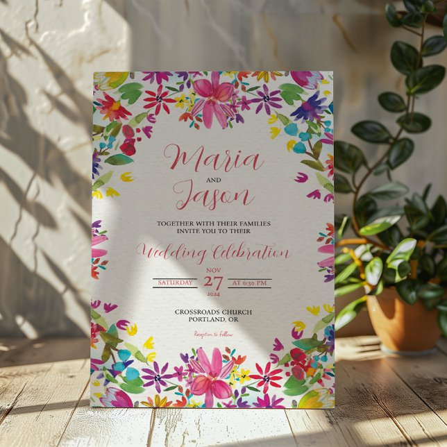 Convites Casamento de Flores Românticas Florais Mexicanas (Mexican Watercolor Floral Romantic Flowers Wedding Invitation)