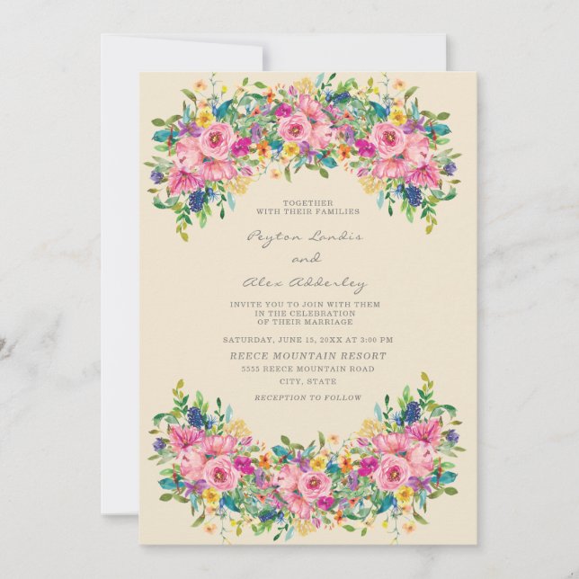 Convites Casamento de Flores Rosa Azul Amarelo Boho (Frente)