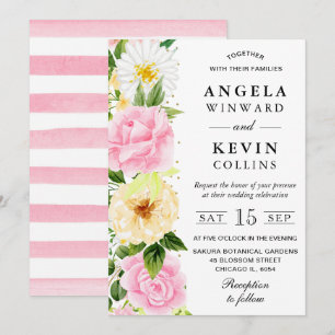 Convites Casamento de Flores Rosa e Amarelo Aquarela