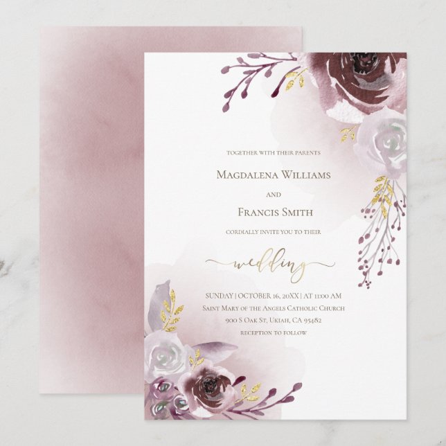 Convites casamento de flores rosas vermelhas escuras (Frente/Verso)