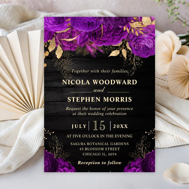 Convites Casamento de Flores Roxas e Douradas em Aquarela R (Criador carregado)