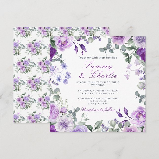 Convites Casamento de Flores Roxas e Folhas de Eucalipto (Frente/Verso)