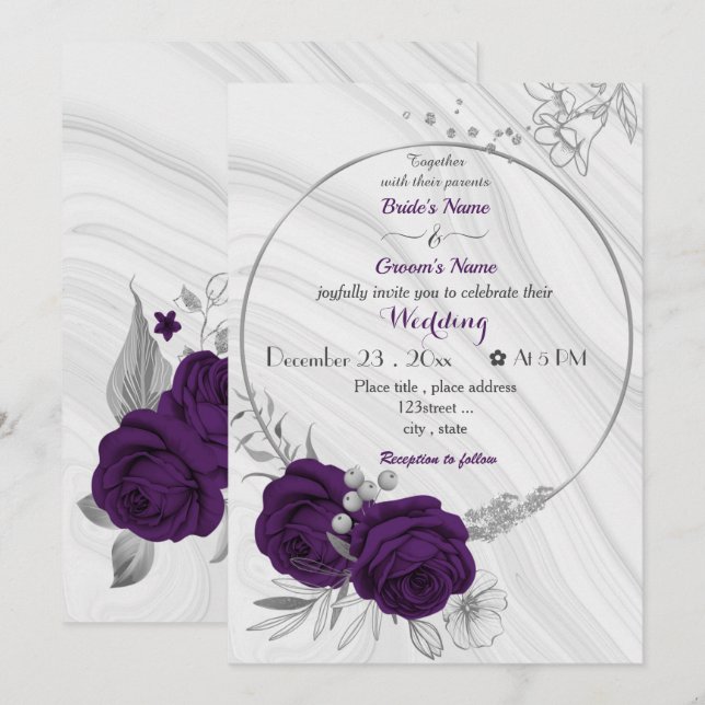 Convites casamento de flores roxas reais (Frente/Verso)